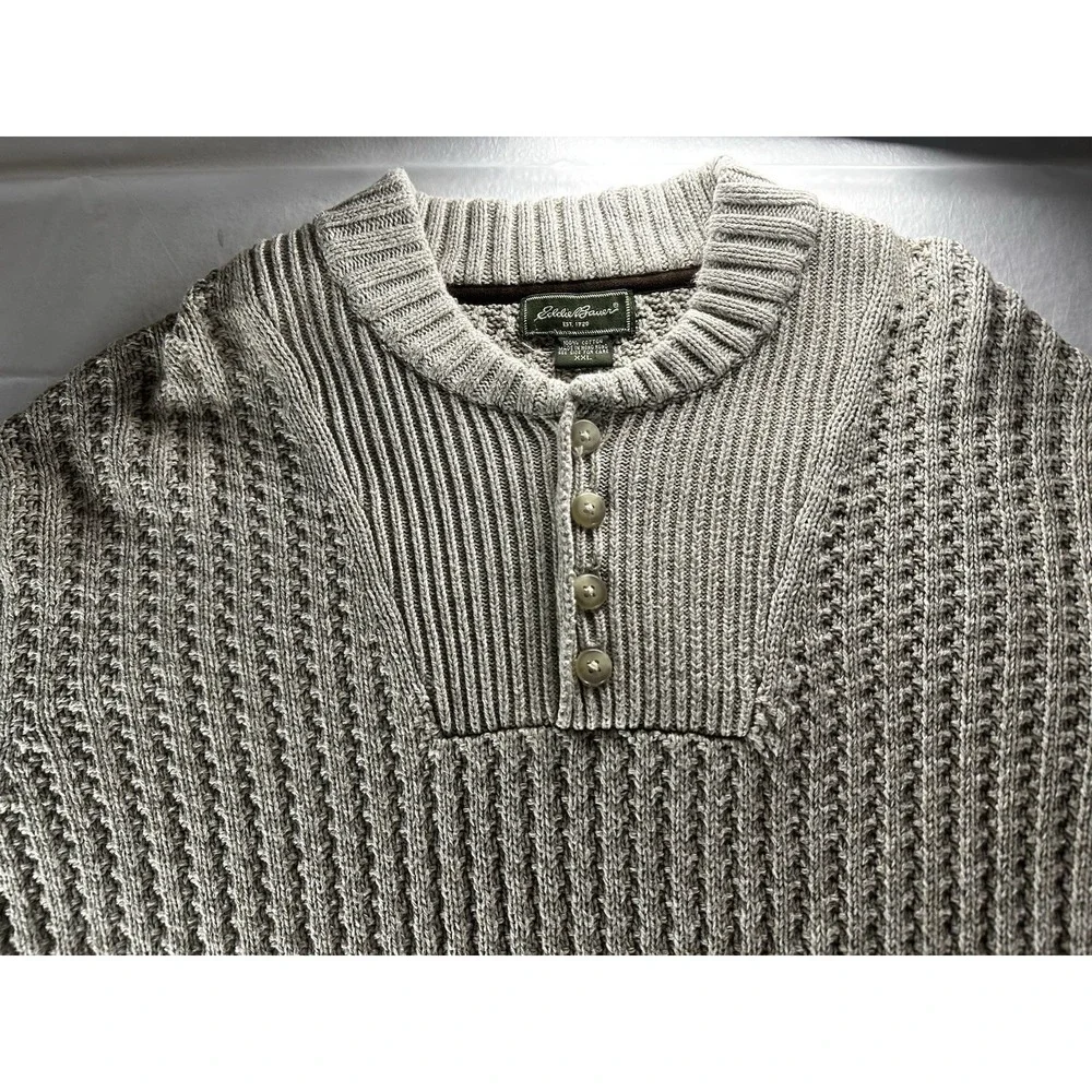 VTG 1990s Eddie Bauer Ribbed Henley Sweater‎ Mens 2XL Beige Made In Hong Kong